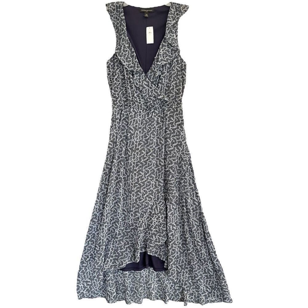 Banana Republic Wrap Midi Dress Womens XS Ruffles High Low Billowy Feminine NWT